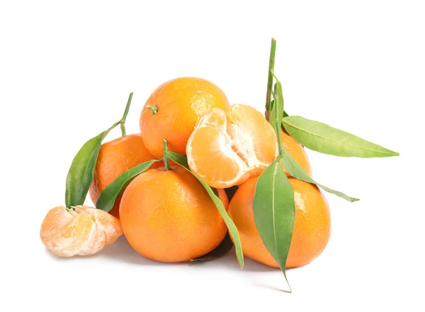 Tasty Ripe Tangerines Leaves White Background — Stock Photo, Image