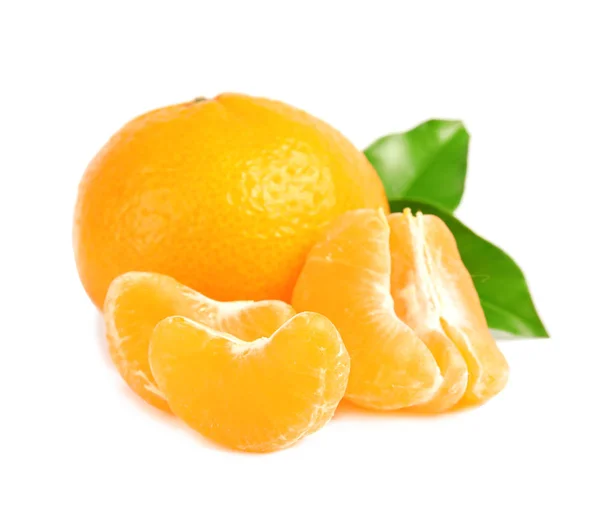 Tasty Ripe Tangerines Leaves White Background — Stock Photo, Image