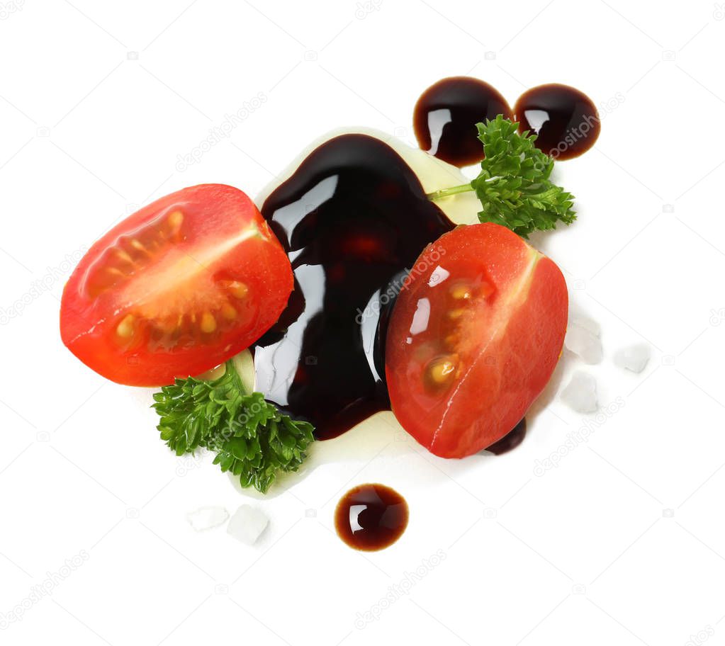 Composition with balsamic vinegar isolated on white, top view. Salad dressing