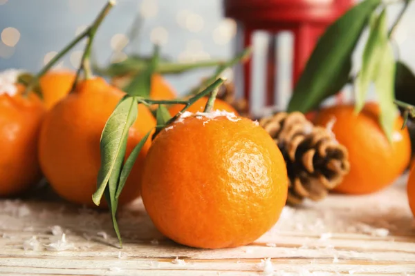Christmas Composition Ripe Tangerines Artificial Snow Table Closeup — Stock Photo, Image