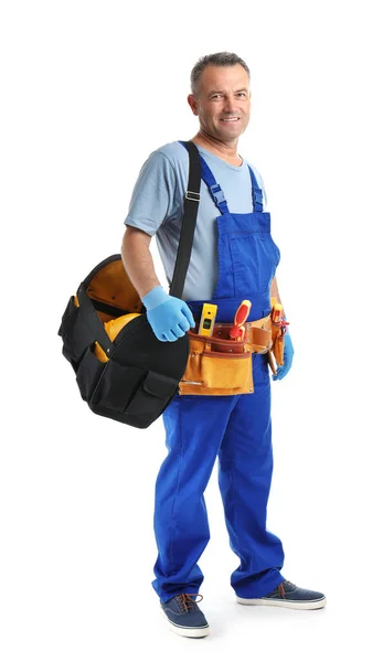 Électricien Avec Des Outils Portant Uniforme Sur Fond Blanc — Photo