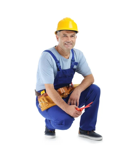 Electrician Tools Wearing Uniform White Background — Stock Photo, Image