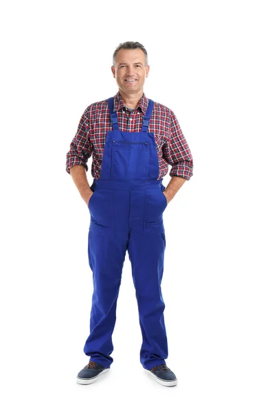 Retrato Cuerpo Entero Del Electricista Con Uniforme Sobre Fondo Blanco — Foto de Stock