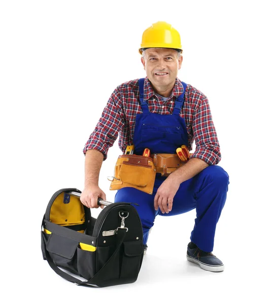 Électricien Avec Des Outils Portant Uniforme Sur Fond Blanc — Photo