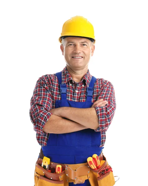 Electrician Tools Wearing Uniform White Background — Stock Photo, Image
