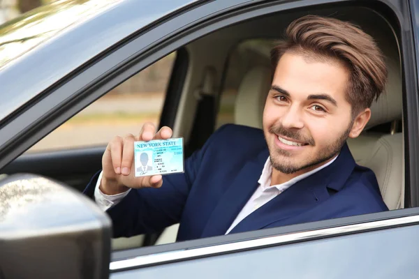 Young Man Holding Driving License Car — Stock Photo, Image