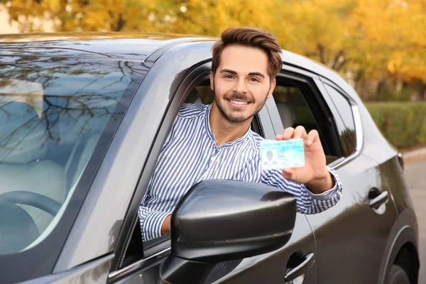 Young Man Holding Driving License Car — Stock Photo, Image