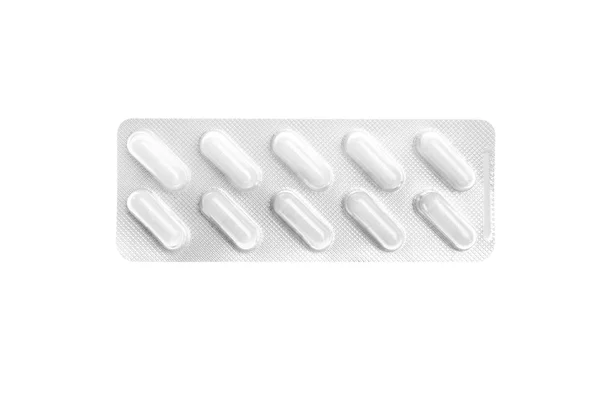 Pillen Zijn Blisterverpakking Witte Achtergrond Bovenaanzicht — Stockfoto