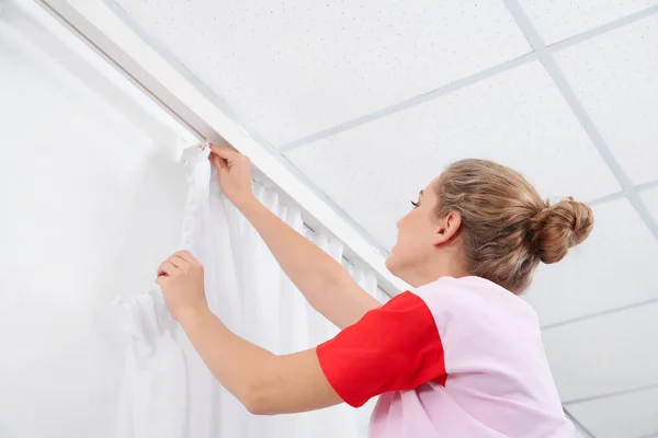 Woman Hanging Window Curtain Indoors Interior Decor Element — Stock Photo, Image