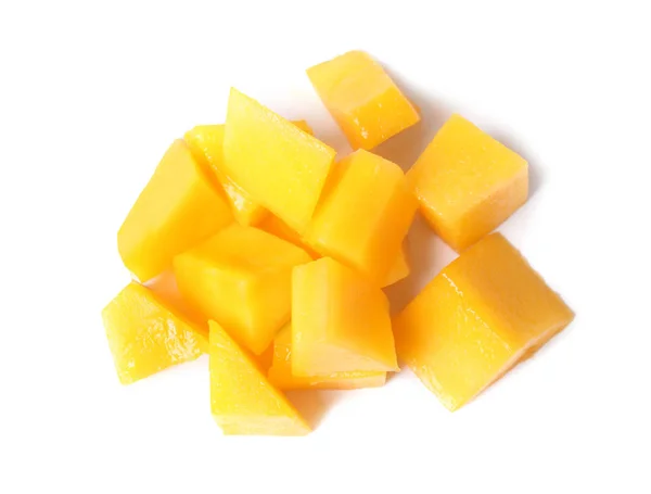 Čerstvé Šťavnaté Mango Kostky Izolovaných Bílém Horní Pohled — Stock fotografie