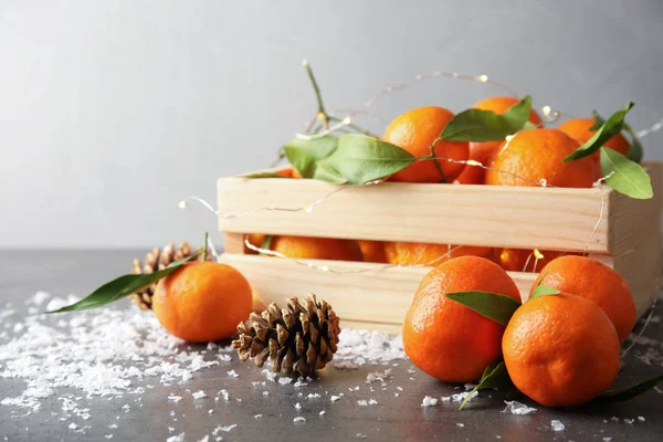 Christmas Composition Ripe Tangerines Artificial Snow Table Space Text — Stock Photo, Image
