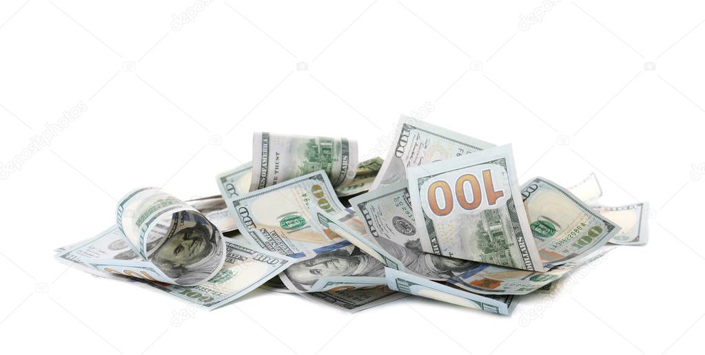 Many dollar banknotes on white background. National American currency