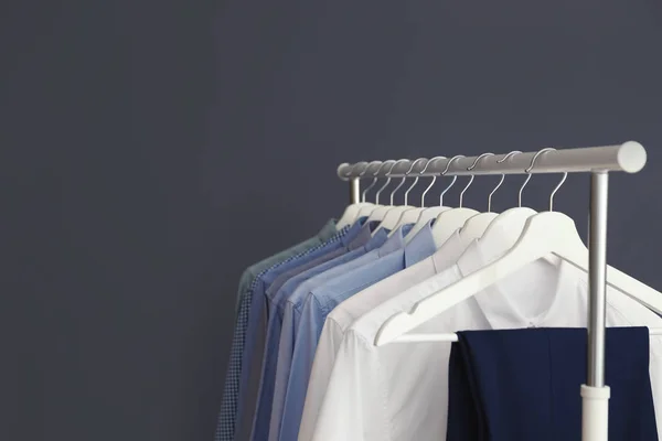 Wardrobe Rack Men Clothes Grey Background Space Text — Stock Photo, Image