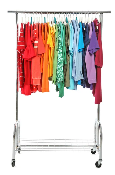 Wardrobe Rack Different Colorful Clothes White Background — Stock Photo, Image