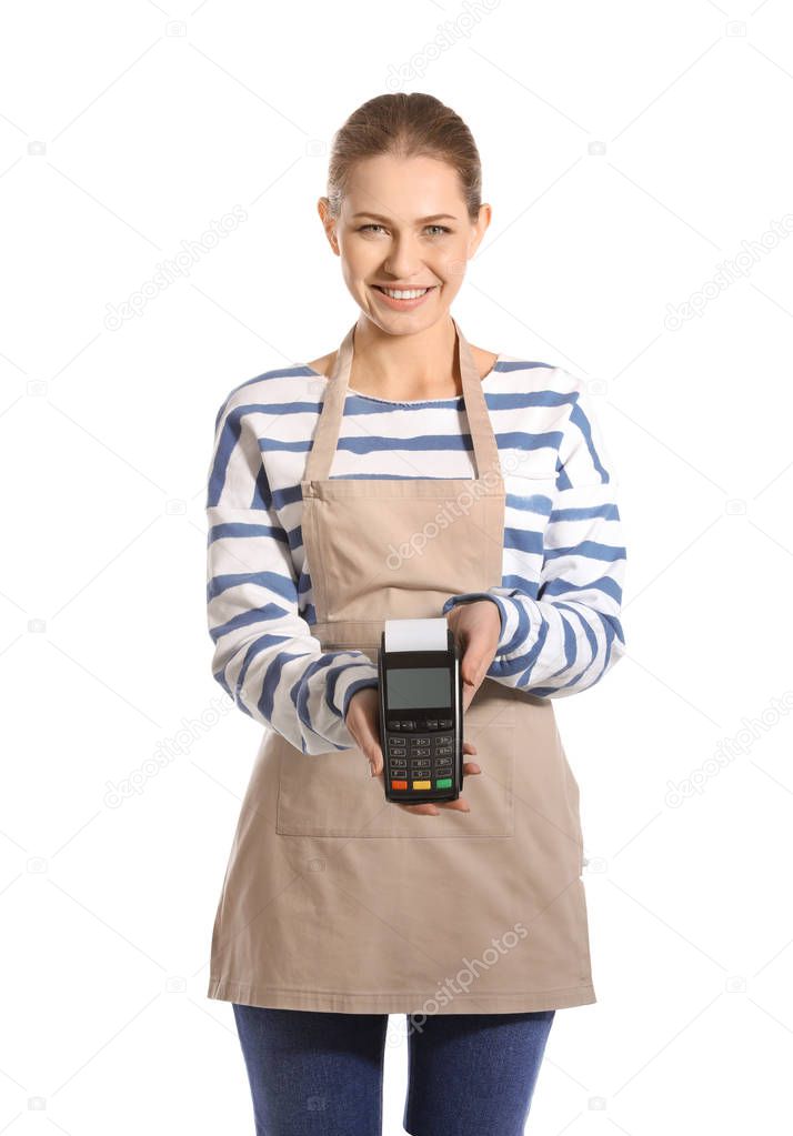 Young woman holding payment terminal isolated on white