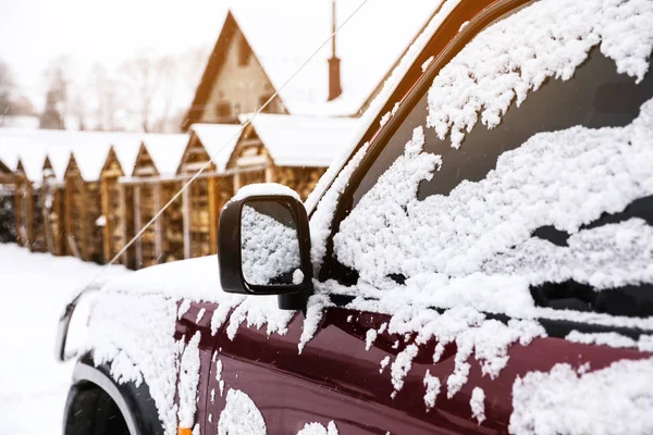 Carro Coberto Neve Após Tempestade Livre Belo Dia Inverno Close — Fotografia de Stock