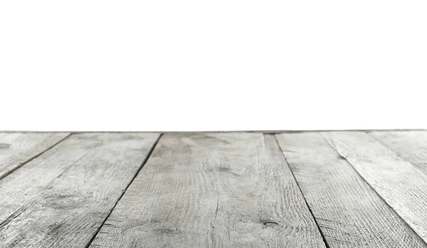 Empty wooden table surface on white background