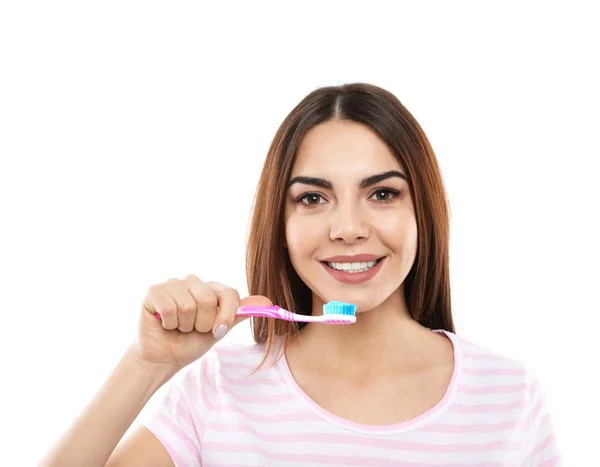 Mulher Bonita Escovando Dentes Fundo Branco — Fotografia de Stock