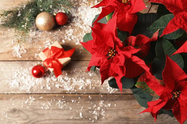 Poinsettia Fiore Tradizionale Natale Con Arredamento Regalo Tavolo Legno Vista — Foto Stock