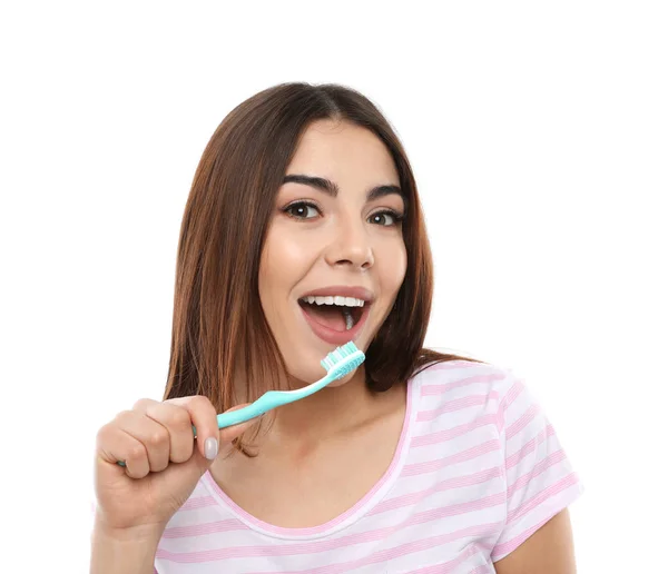 Mulher Bonita Escovando Dentes Fundo Branco — Fotografia de Stock