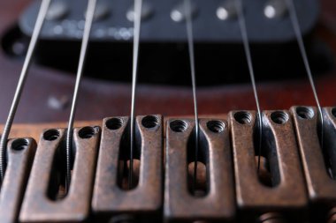 Elektro gitar, köprü dizeleriyle odaklanmak closeup görünümü