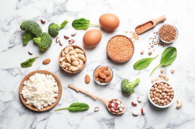 Doğal gıda protein mermer zemin, üstten görünüm üzerine yüksek kümesi