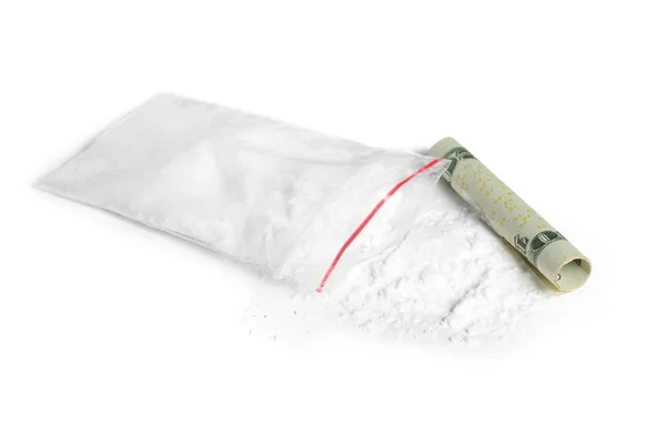Cocaïne Plastic Zak Warmgewalste Geld Bill Witte Achtergrond — Stockfoto