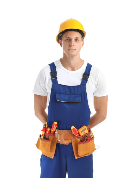 Électricien Avec Des Outils Portant Uniforme Sur Fond Blanc — Photo