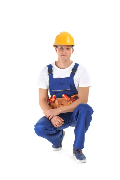 Electricista Con Herramientas Con Uniforme Sobre Fondo Blanco —  Fotos de Stock