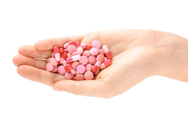 Woman Holding Color Pills White Background Closeup — Stock Photo, Image