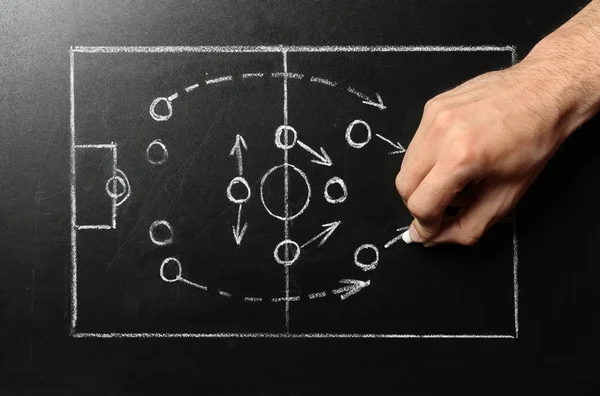 Man drawing football game scheme on chalkboard, top view