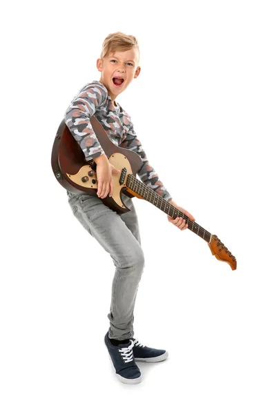 Känslomässig Liten Pojke Spela Gitarr Isolerad Vit — Stockfoto