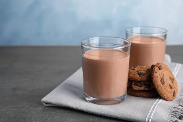 Glasses Tasty Chocolate Milk Table Space Text Dairy Drink — Stock Photo, Image