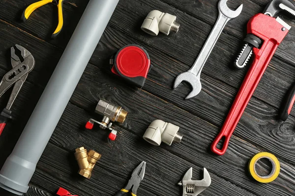 Flat Lay Composition Plumber Tools Wooden Background Stock Photo