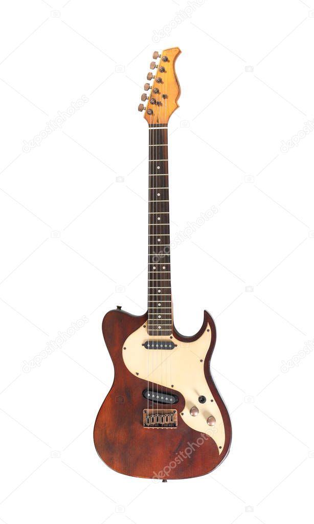 Electric guitar on white background, top view