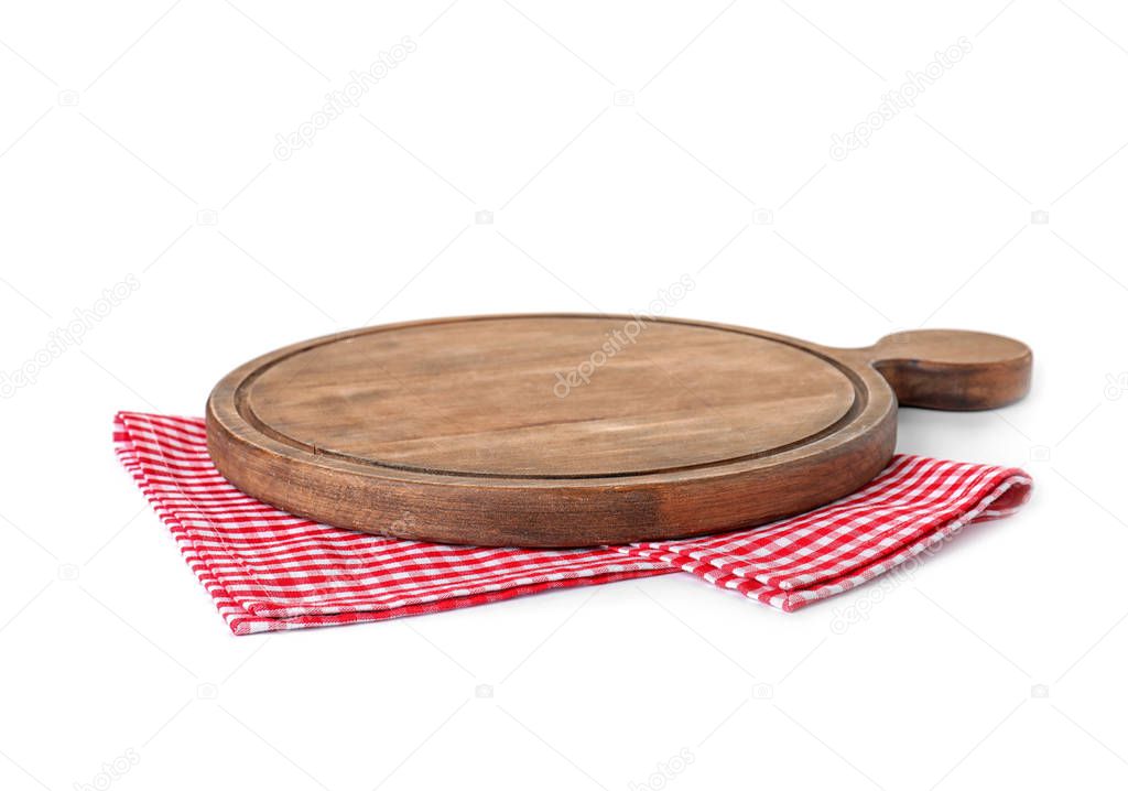 Fabric napkin with wooden board on white background