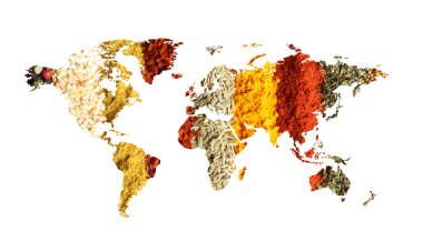 Beyaz arka plan üzerinde farklı aromatik baharat dünya haritası. Yaratıcı koleksiyonu