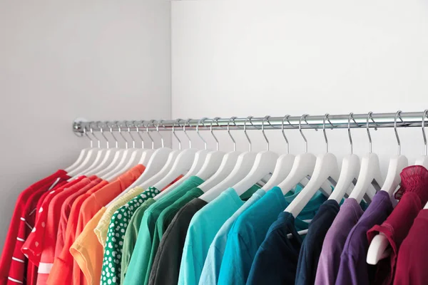 Hangers Different Colorful Clothes Rack Wardrobe — Stock Photo, Image