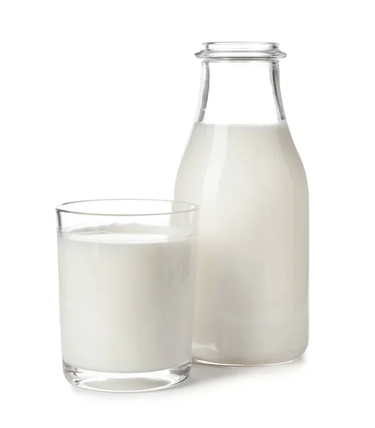 Verre Bouteille Lait Frais Sur Fond Blanc — Photo