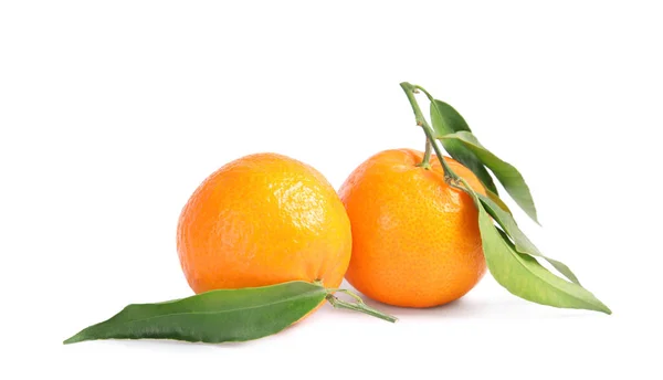 Tasty Ripe Tangerines Leaves White Background — Stock Photo, Image