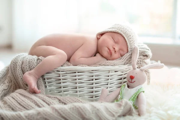 Adorable Newborn Baby Lying Basket Knitted Plaid Indoors — Stock Photo, Image