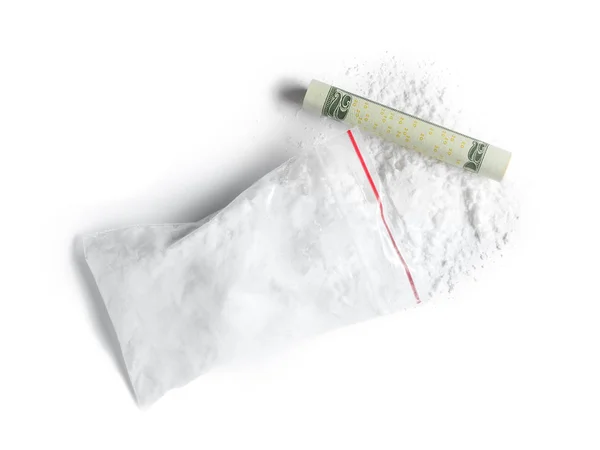 Kokain Plastovém Sáčku Válcované Peníze Billa Bílém Pozadí Pohled Shora — Stock fotografie