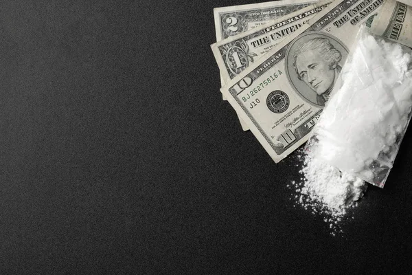Plochá Laických Složení Kokainem Peníze Tmavém Pozadí Prostor Pro Text — Stock fotografie