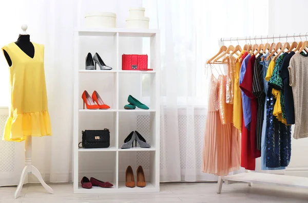 Shelving Unit Shoes Purses Stylish Dressing Room Interior — Stock Photo, Image