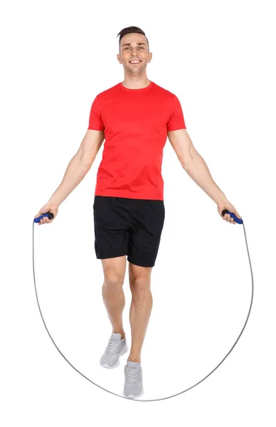 Full Length Portrait Young Sportive Man Training Jump Rope White — Stock Photo, Image