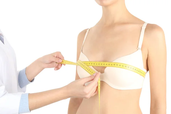 Doctor Measuring Size Patient Breast White Background Closeup Cosmetic Surgery — Stock Photo, Image