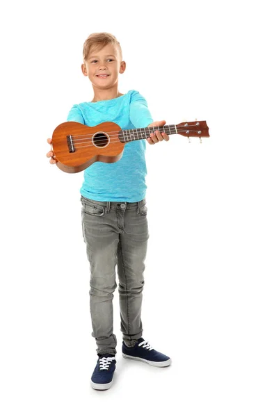 Porträtt Liten Pojke Som Spelar Gitarr Färg Bakgrunden — Stockfoto