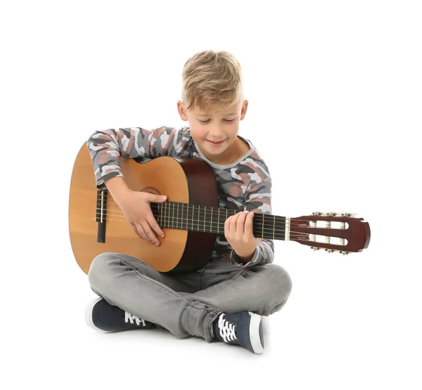 Porträtt Liten Pojke Som Spelar Gitarr Färg Bakgrunden — Stockfoto