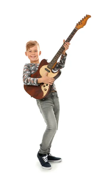 Porträt Eines Kleinen Jungen Der Auf Farbigem Hintergrund Gitarre Spielt — Stockfoto