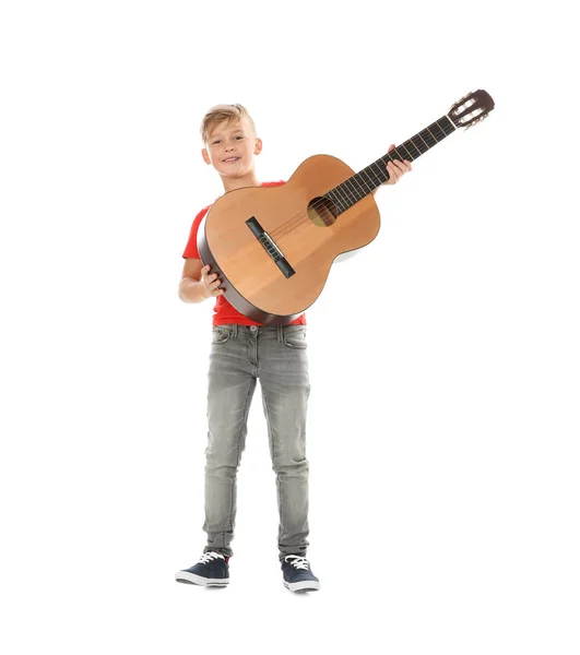 Retrato Menino Tocando Guitarra Fundo Cor — Fotografia de Stock